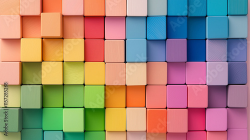 Vibrant rainbow wooden cube backdrop for product photography, featuring a colorful block pattern and flat lay perspective. Ideal for showcasing small items, crafts, or branding in a playful and creati