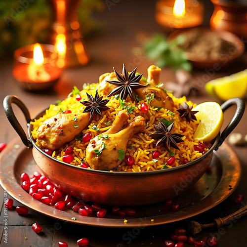 AI generated bowl of spicy chicken biryani with lemon on Ramadan.