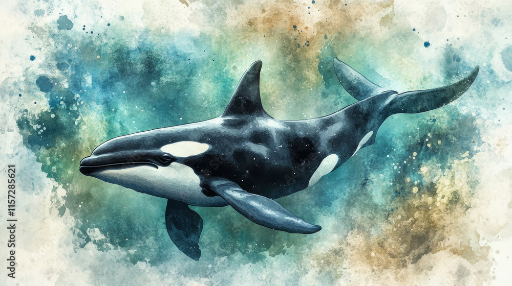 Obraz premium majestic killer whale swims gracefully through vibrant underwater scene, surrounded by abstract splashes of blue, green, and beige hues, evoking sense of wonder and tranquility