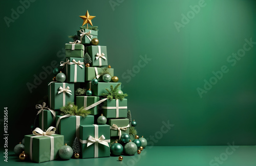 Stacked green Christmas presents form festive Christmas tree shape against green background. Gift boxes decorated with white ribbons, bows. Christmas ornaments, small evergreen sprigs add to festive photo