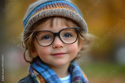 A cute toddler adorned in cozy autumn attire, complete with round glasses and a knit hat, smiles warmly while enjoying an outdoor setting filled with colorful foliage. photo