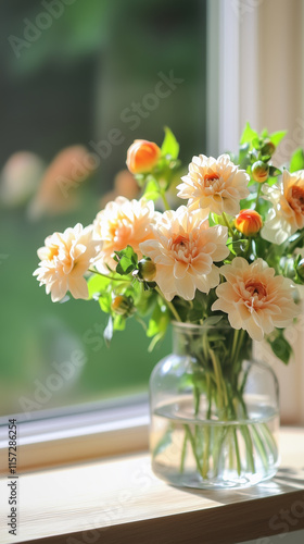 Wallpaper Mural Beautiful bouquet of peach flowers arranged in a glass vase beside a sunny window displaying a lush garden background Torontodigital.ca