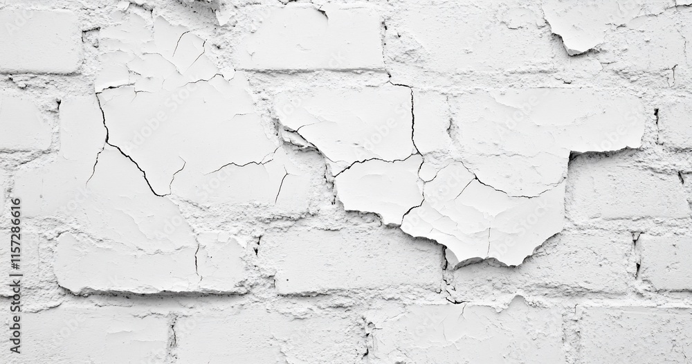 Fototapeta premium A close-up of a cracked, peeling white brick wall.