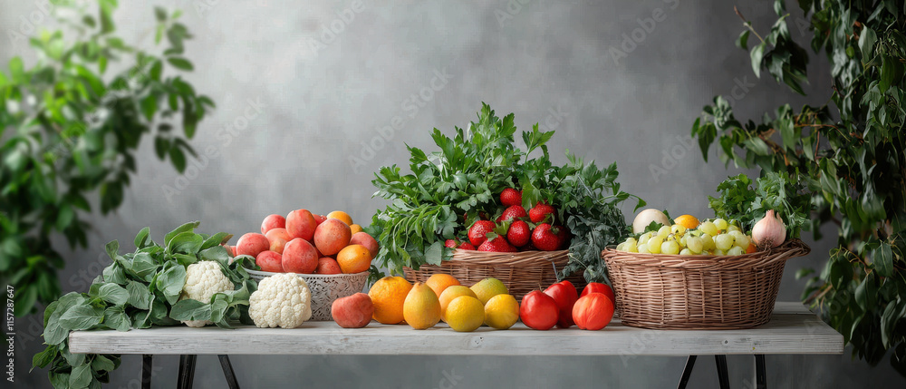 Fresh fruits and vegetables displayed on table with greenery Fresh fruits and vegetables displayed on table with greenery