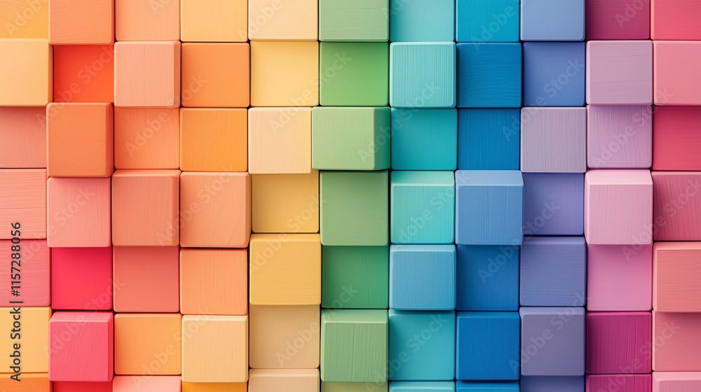Vibrant rainbow wooden cube backdrop for product photography, featuring a colorful block pattern and flat lay perspective. Ideal for showcasing small items, crafts, or branding in a playful and creati Vibrant rainbow wooden cube backdrop for product photography, featuring a colorful block pattern and flat lay perspective. Ideal for showcasing small items, crafts, or branding in a playful and creati