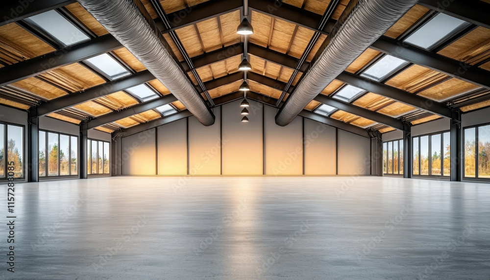 Spacious industrial interior with wooden beams and large windows Spacious industrial interior with wooden beams and large windows