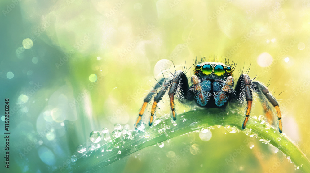 vibrant jumping spider with colorful markings sits on dewy blade of grass, surrounded by dreamy, bokeh filled background of green and yellow hues vibrant jumping spider with colorful markings sits on dewy blade of grass, surrounded by dreamy, bokeh filled background of green and yellow hues