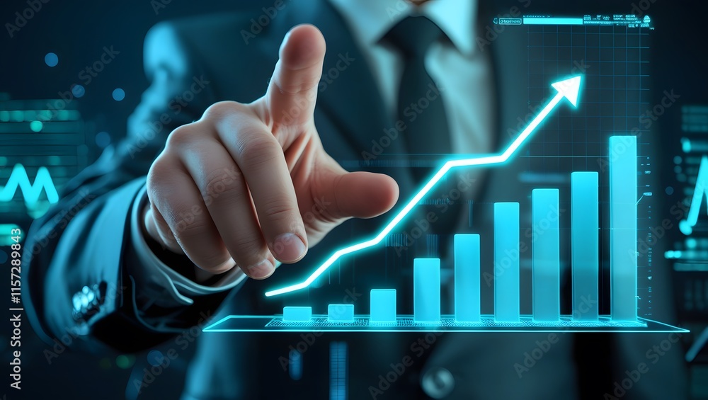 Business Professional Pointing at Upward Trending 3D Holographic Graph with Futuristic Digital Background Business Professional Pointing at Upward Trending 3D Holographic Graph with Futuristic Digital Background