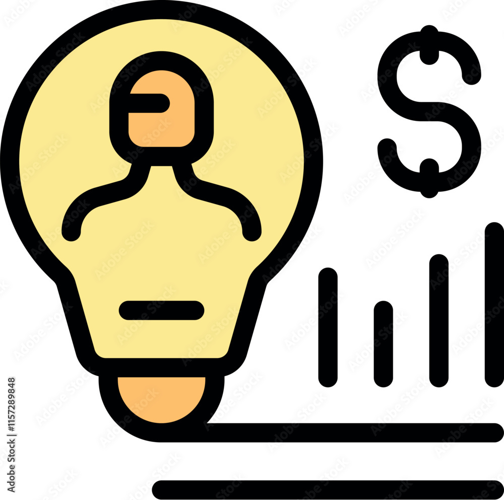 Light bulb containing a person with a dollar sign and a bar graph, representing the generation of revenue through innovative ideas and human resources Light bulb containing a person with a dollar sign and a bar graph, representing the generation of revenue through innovative ideas and human resources