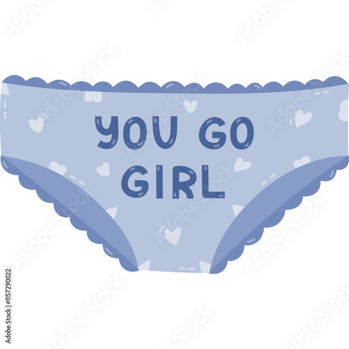 Cute cartoon women lace panties with heart pattern and motivational lettering You Go Girl. Lovely hand drawn textile lady lingerie. Linen comfortable female underwear isolated on white background.