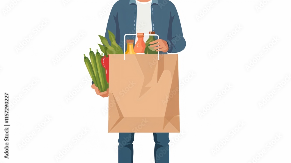 Man Holding Various Groceries in Paper Bag on White Background Man Holding Various Groceries in Paper Bag on White Background