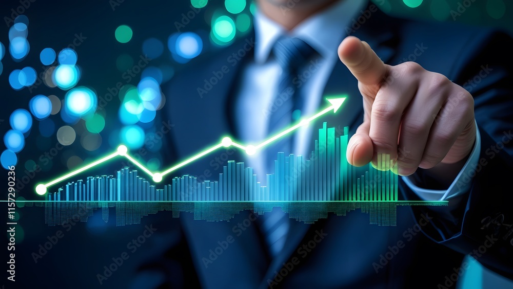 Business Professional Pointing at Upward Trending 3D Holographic Graph with Futuristic Digital Background Business Professional Pointing at Upward Trending 3D Holographic Graph with Futuristic Digital Background