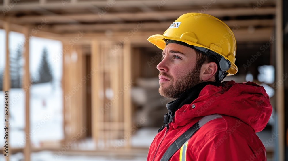Construction worker inspects site during winter weather conditions Construction worker inspects site during winter weather conditions