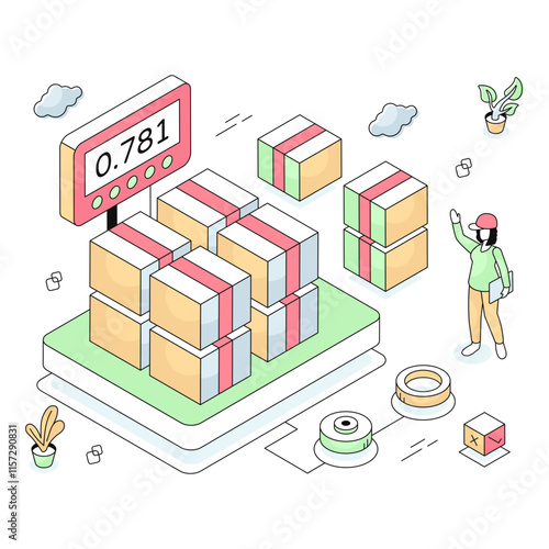 Conceptual isometric design illustration of parcel weighing