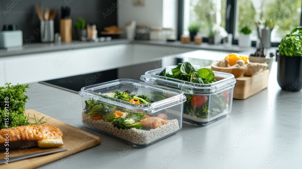 A sleek kitchen counter displays colorful vegetables and salmon, promoting a healthy lifestyle and seasonal nutrition A sleek kitchen counter displays colorful vegetables and salmon, promoting a healthy lifestyle and seasonal nutrition