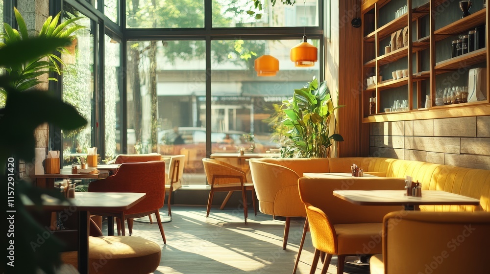 Obraz premium A stylish coffee shop interior with modern furniture, large windows, and cozy seating areas