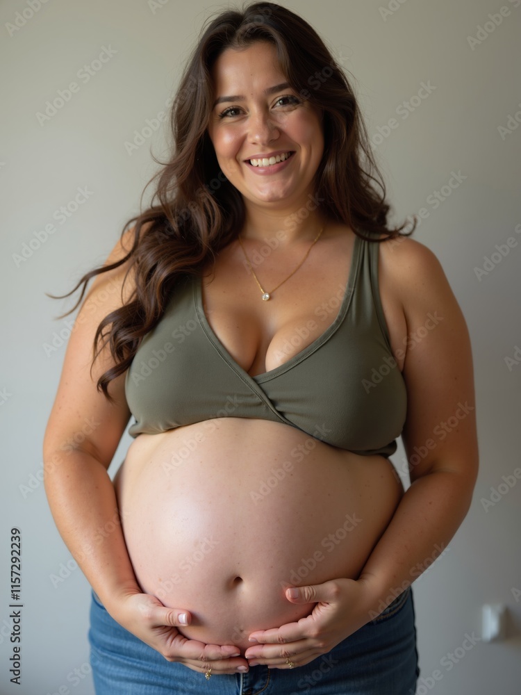 Expectant mother joyfully cradles her baby bump in a cozy indoor setting, celebrating the beauty of pregnancy during a sunny afternoon Expectant mother joyfully cradles her baby bump in a cozy indoor setting, celebrating the beauty of pregnancy during a sunny afternoon
