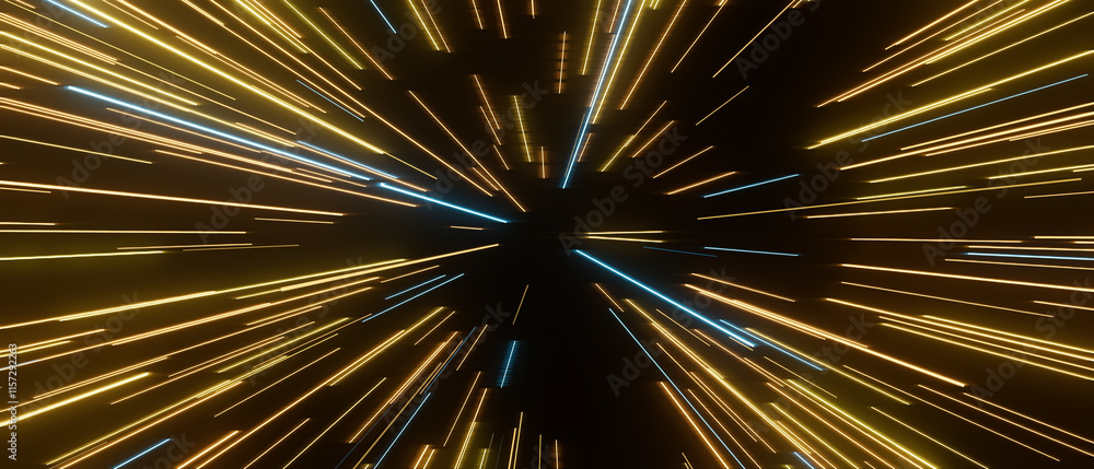 Obraz premium A bright yellow and blue light show with many different colored lines