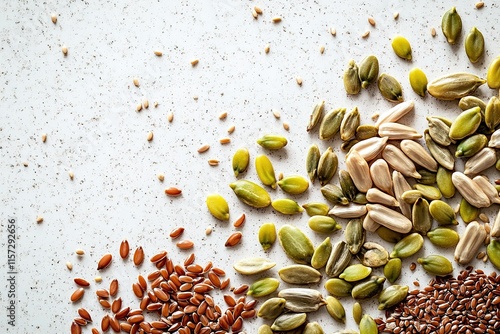 Colorful assortment of seeds arranged artistically on light surf