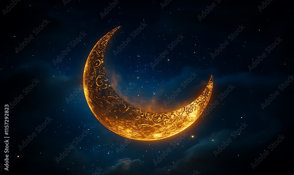 Ornate golden crescent moon in night sky. (1) Ornate golden crescent moon in night sky. (1)