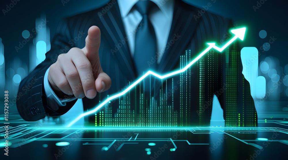 Futuristic Business Vision Hand Pointing at 3D Holographic Growth Graph Futuristic Business Vision Hand Pointing at 3D Holographic Growth Graph