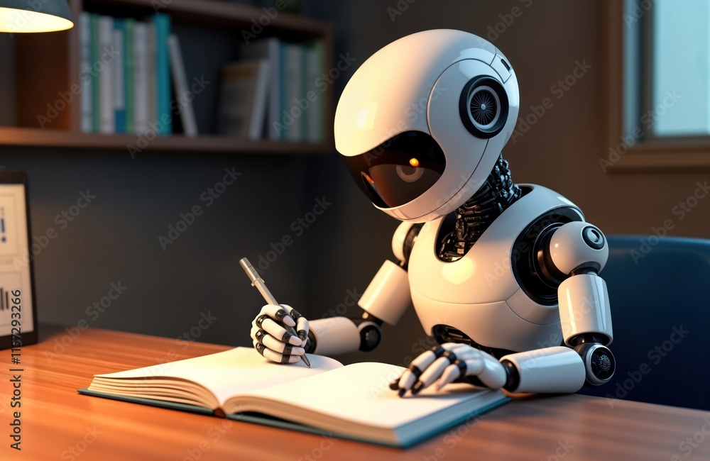 AI android robot writing in book. Futuristic scene. Robot focused. Seems to learning, creating. Modern technology concept. Robot writes with pen in book. Office setting. Possible concept for AI android robot writing in book. Futuristic scene. Robot focused. Seems to learning, creating. Modern technology concept. Robot writes with pen in book. Office setting. Possible concept for