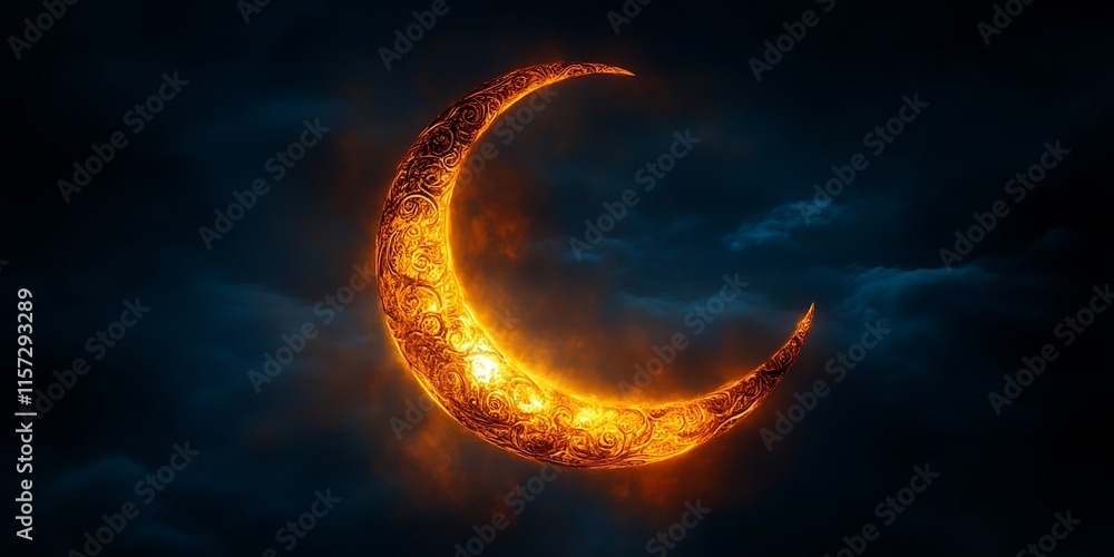 Fiery crescent moon in dark sky. Fiery crescent moon in dark sky.