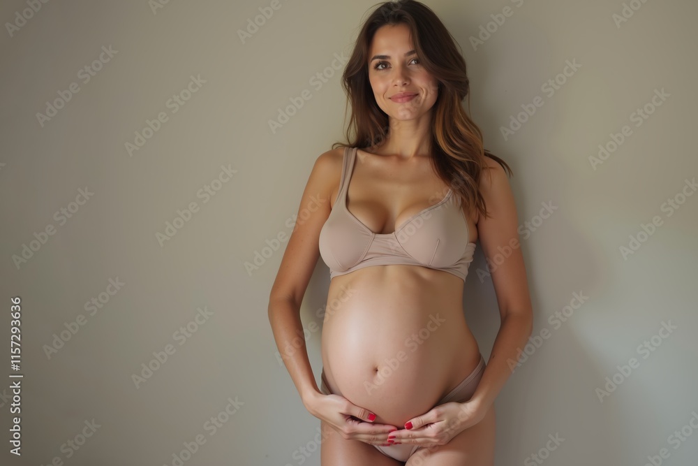 Pregnant woman with glowing smile cradling belly in cozy indoor setting during daylight hours Pregnant woman with glowing smile cradling belly in cozy indoor setting during daylight hours