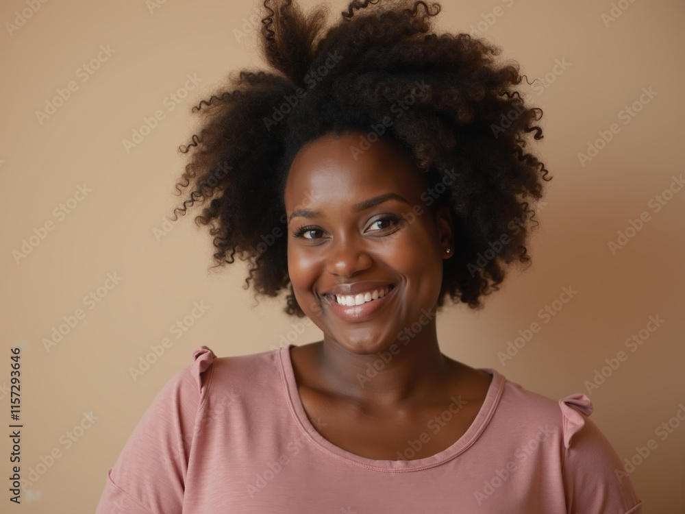 Smiling woman with curly hair poses confidently against a light textured background during a casual indoor setting Smiling woman with curly hair poses confidently against a light textured background during a casual indoor setting