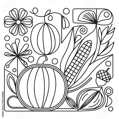 Autumn harvest vegetable pumpkin corn acorn flowers Autumn Fall season coloring illustration pages