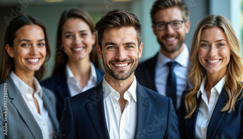 Happy business team poses for photo in office. Diverse group of people in suits. Professionals smiling confidently, looking at camera. Modern workplace environment. Teamwork, success depicted in