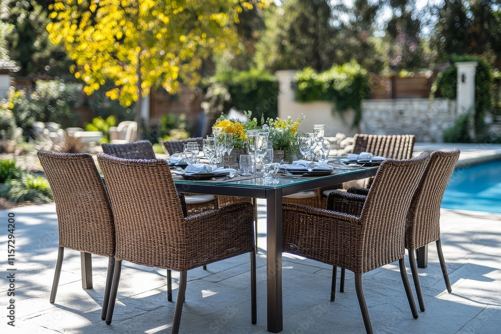 Sleek brown wicker outdoor dining set with black-framed armchair, five chairs, and rectangular table for six. Glass top and modern design in poolside garden setting. Sleek brown wicker outdoor dining set with black-framed armchair, five chairs, and rectangular table for six. Glass top and modern design in poolside garden setting.