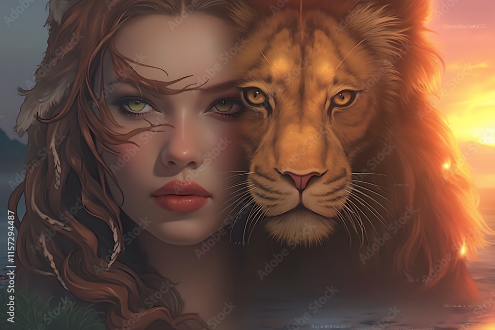Woman Lioness Sunset Digital Art Painting Fierce Beauty Golden Hues Woman Lioness Sunset Digital Art Painting Fierce Beauty Golden Hues