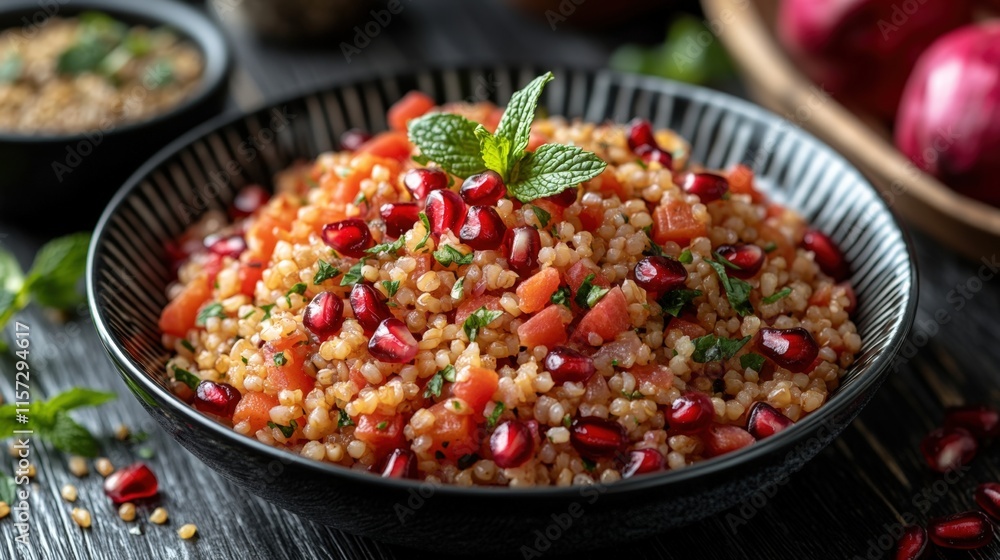 Close-up of a bowl of tabbouleh salad with pomegranate seeds and mint. Close-up of a bowl of tabbouleh salad with pomegranate seeds and mint.