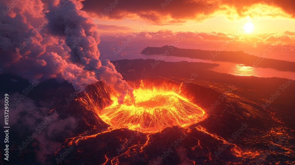 Fototapeta premium Intense molten lava crater with smoke and sunset view