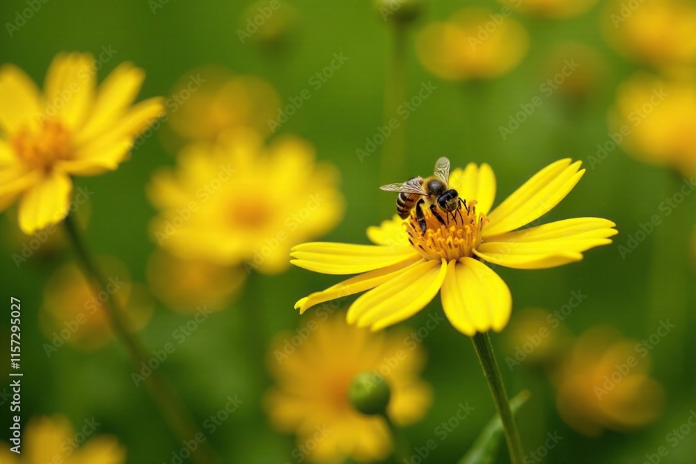 Bees gathering nectar from flowers in a garden, yellow, flowers Bees gathering nectar from flowers in a garden, yellow, flowers