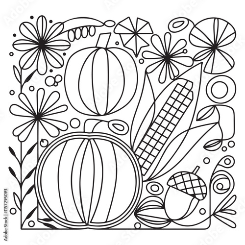 Autumn harvest vegetable pumpkin corn acorn flowers Autumn Fall season coloring illustration pages