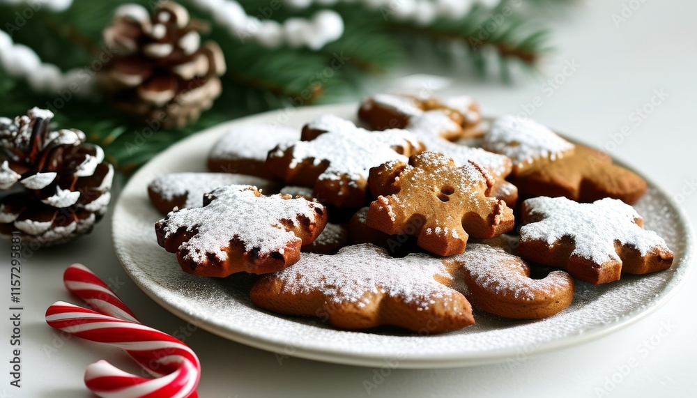 Festive Christmas Plate with Gingerbread Cookies and Pine Cones on White Background Festive Christmas Plate with Gingerbread Cookies and Pine Cones on White Background
