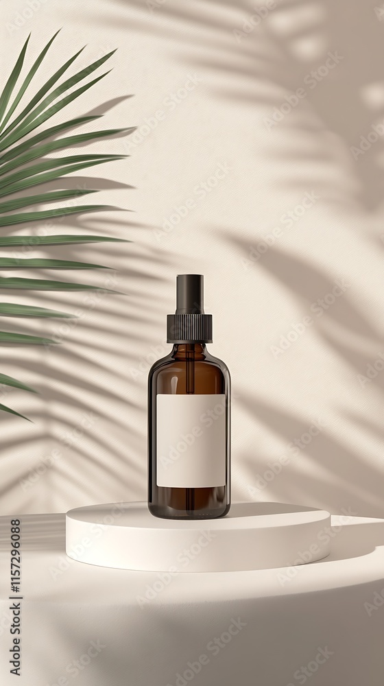 Elegant Skincare Glass Dropper Bottle with Palm Leaf Shadows on Soft Beige Backdrop : Generative AI Elegant Skincare Glass Dropper Bottle with Palm Leaf Shadows on Soft Beige Backdrop : Generative AI