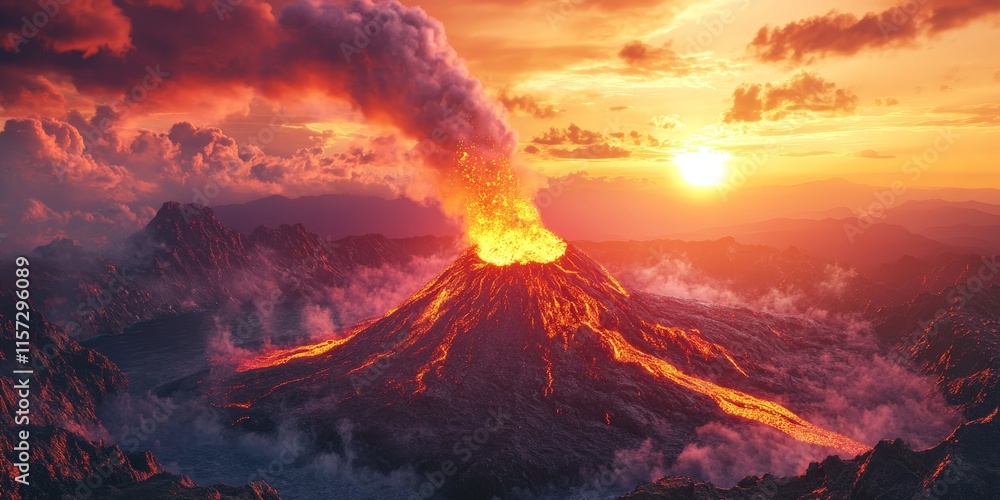 Fototapeta premium Intense molten lava crater with smoke and sunset view
