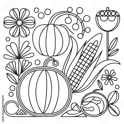 Autumn harvest vegetable pumpkin corn acorn flowers Autumn Fall season coloring illustration pages