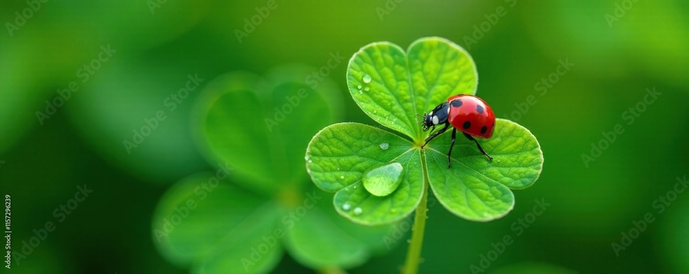 Delicate ladybug crawling on four-leaf clover dew drop, dew, leaf, clover Delicate ladybug crawling on four-leaf clover dew drop, dew, leaf, clover