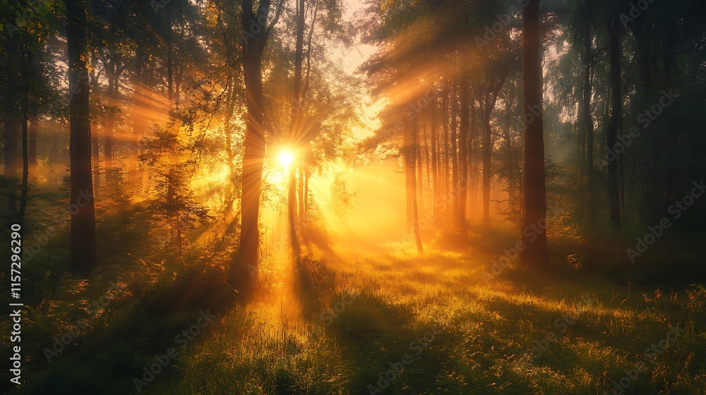 Fototapeta premium Radiant sunbeams shining through a dense forest at dawn, with a soft mist rising from the ground
