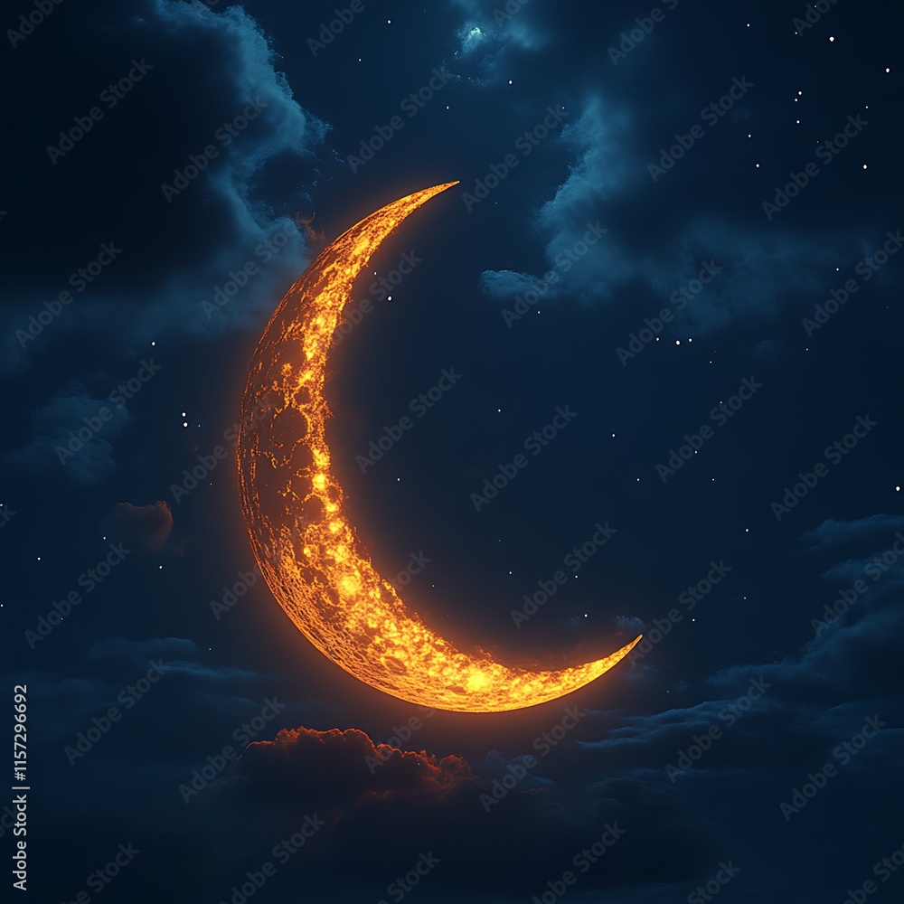 Fiery crescent moon in night sky. (10) Fiery crescent moon in night sky. (10)