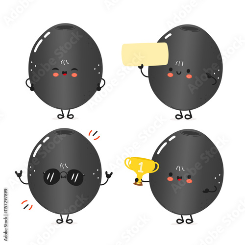 Funny Black olive characters bundle set. Vector hand drawn doodle style cartoon character illustration icon design. Cute Green olive mascot character collection