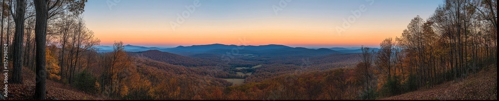 Vibrant Autumn Sunset Over Rolling Hills With Trees and Valleys in a Serene Landscape During the Evening Hours Vibrant Autumn Sunset Over Rolling Hills With Trees and Valleys in a Serene Landscape During the Evening Hours