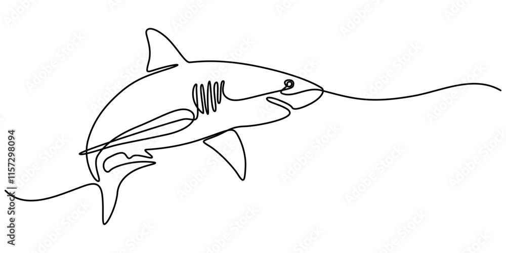 Obraz premium Shark Continuous Line Drawing, One line drawing of a shark. Graphic vector illustration of shark continuous line drawing, Continuous one line drawing of shark fish. Simple illustration of saltwater 