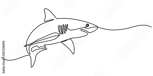 Shark Continuous Line Drawing, One line drawing of a shark. Graphic vector illustration of shark continuous line drawing, Continuous one line drawing of shark fish. Simple illustration of saltwater 