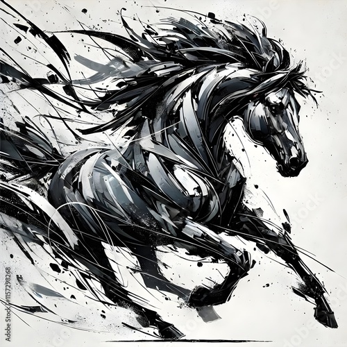 Dynamic horse illustration with bold lines and brush strokes. Expressive and powerful. Ideal for art, design, or equine themes.