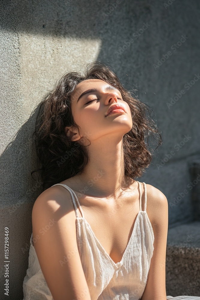 Naklejka premium Sunlit portrait captures tranquil moments, highlighting soft fea